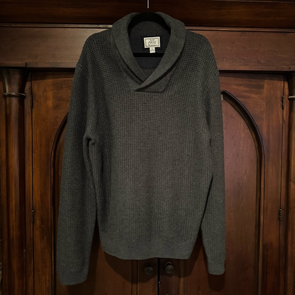 Jos A Bank Sweater Mens XL 100% Cotton Shawl Neck Collar Gray Fisherman Style